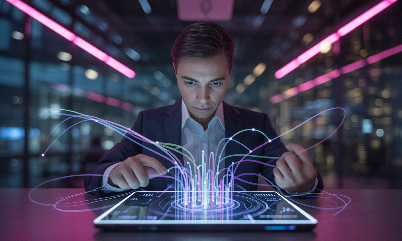 A person arranging glowing threads above a tablet