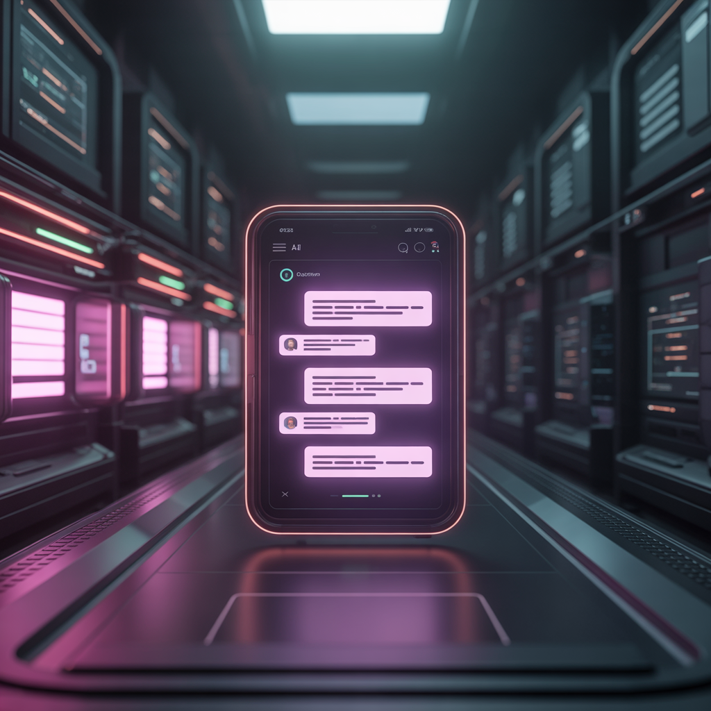 A phone in a server aisle showing an AI chat thread
