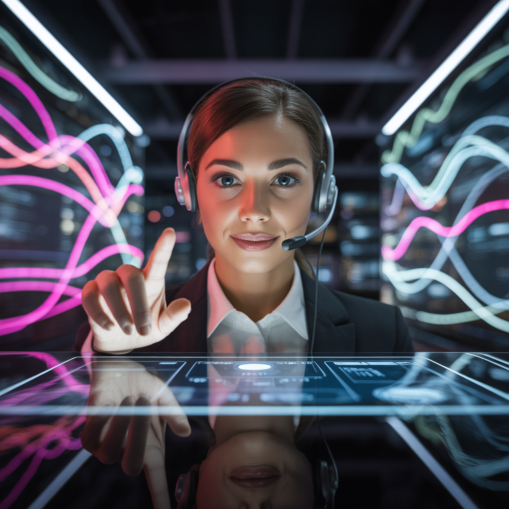 A support agent at a glass console with a headset